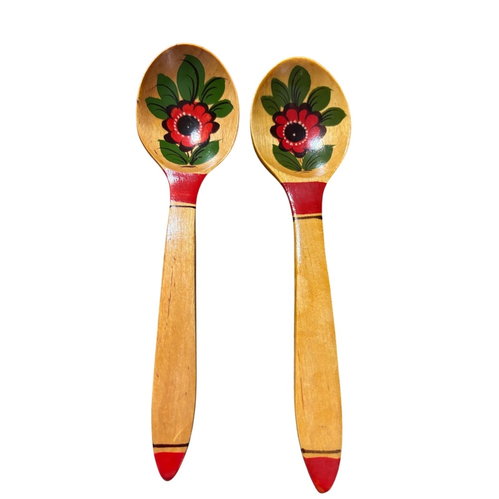 Hand Painted Wooden Spoons Khokhloma Style Floral Folk Art Set of 2 Vintagev